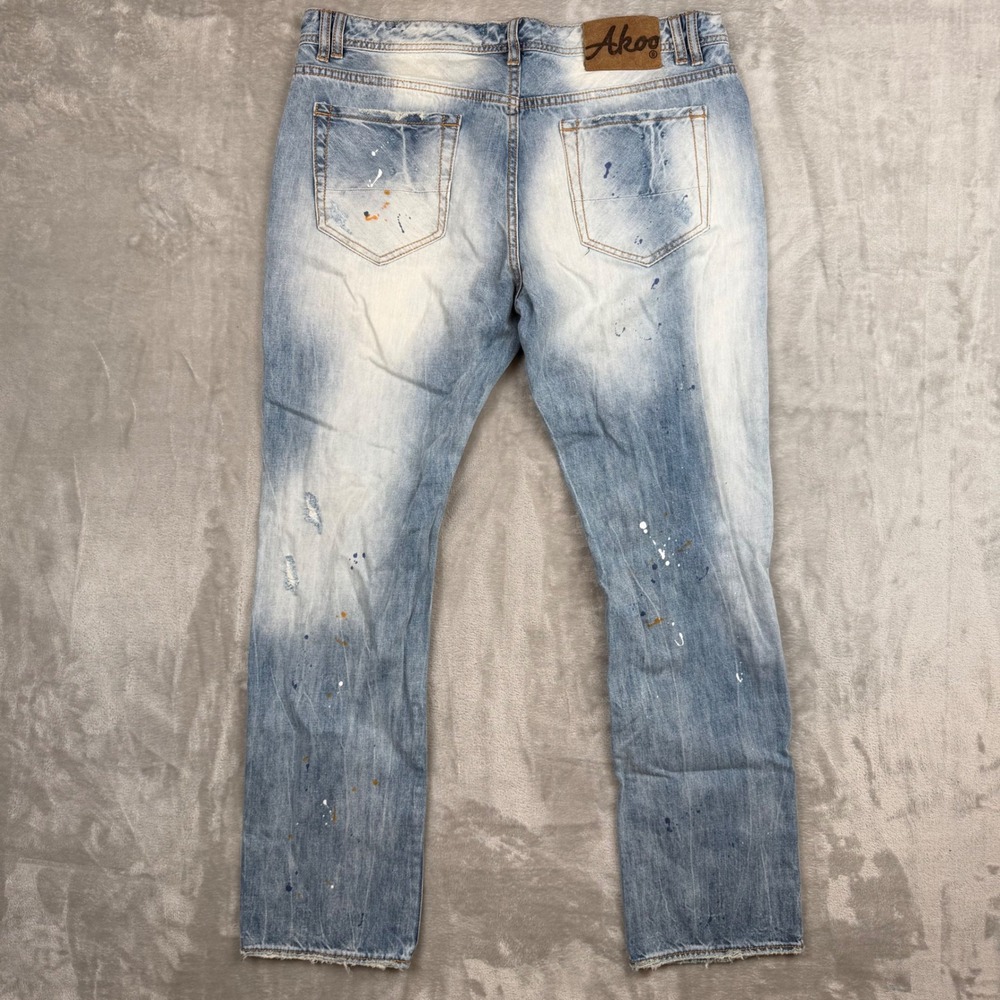 AKOO Mens Distressed Patchwork Jeans Light Wash Paint Splatter Denim Size 38 - Picture 2 of 16